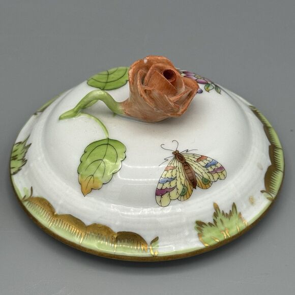 Vtg Herend Queen Victoria Porcelain Rd Box & Lid Trinket Dish with Rose Finial - Picture 6 of 14